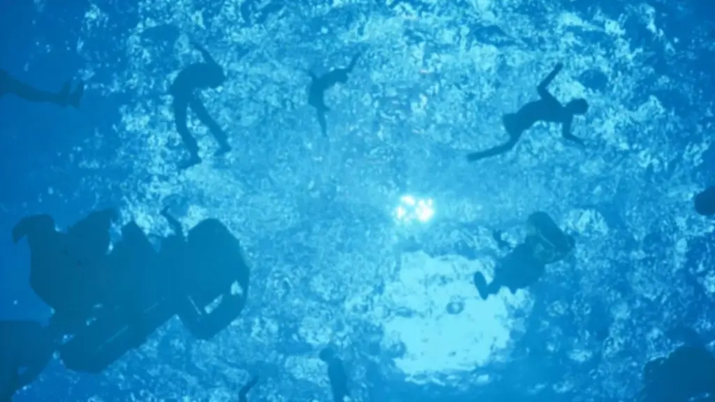 A shot as protagonist sinks in the ocean with bodies floating past them towards the surface