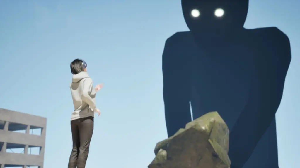 The Umibozu towering over a woman as it places down land so that humans can walk over water