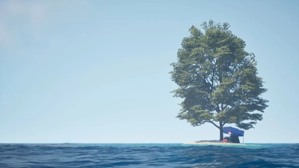 An establishing shot of the ocean with small island pictured and a tree atop it