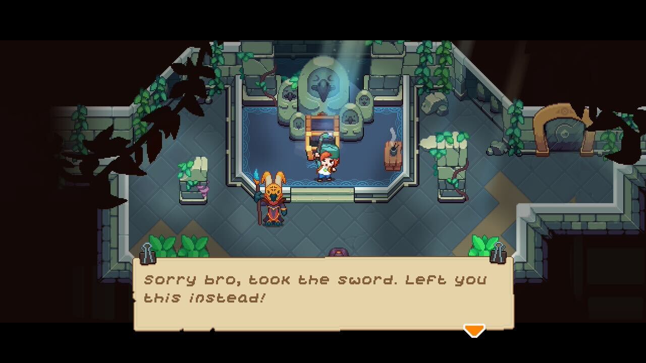 Nia, an orange-haired girl with a backwards cap, hoists a hockey stick up in the air. A dialogue box reads: "Sorry bro, took the sword. Left you this instead!"