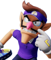 Waluigi, a tall man with a large chin and nose, points at his cheek 