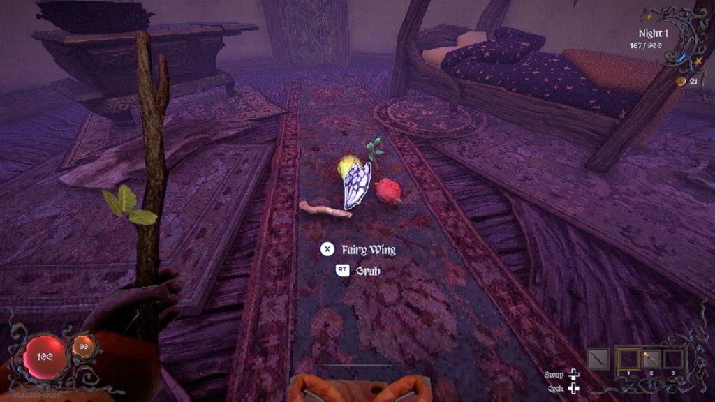 The stash on the bottom floor of the wizard hut at the home base, with a bed visible in the back