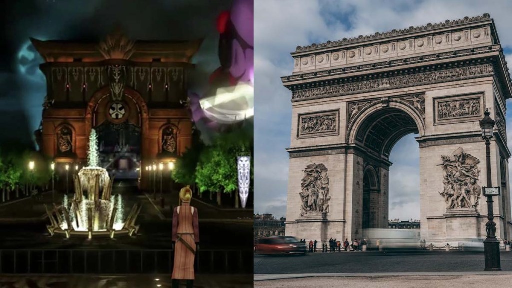 Deling City gate in Final Fantasy 8 and the Arc du Triomphe in Paris, its original inspiration.