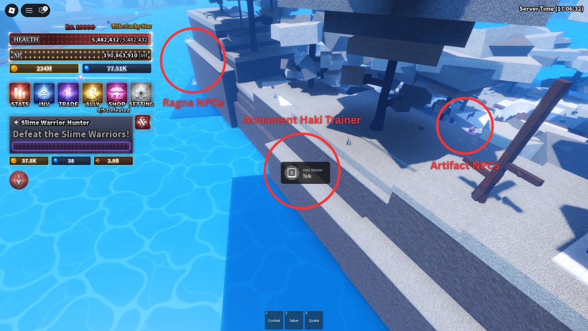 Location of the Armament Haki Trainer NPC on the Snow Island in Sailor Piece Roblox experience.