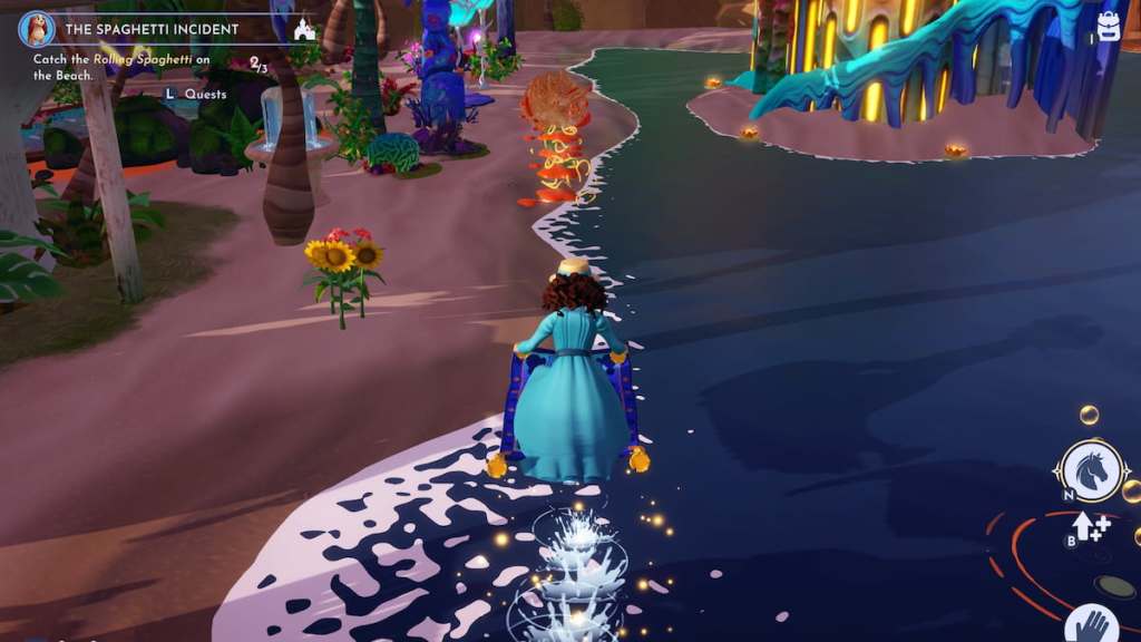 Riding magic carpet chasing down spaghetti ball on beach in disney dreamlight valley