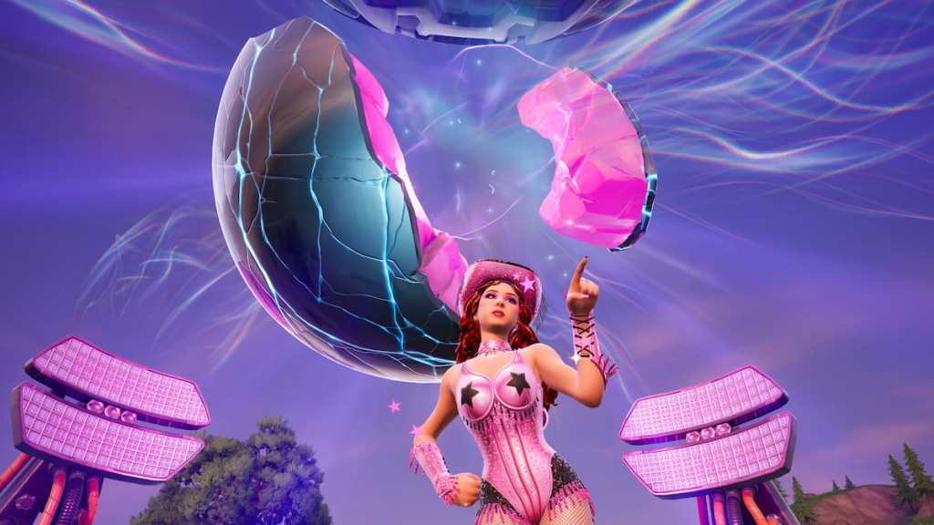 Chappell roan standing under and pointing at zero point shard in fortnite