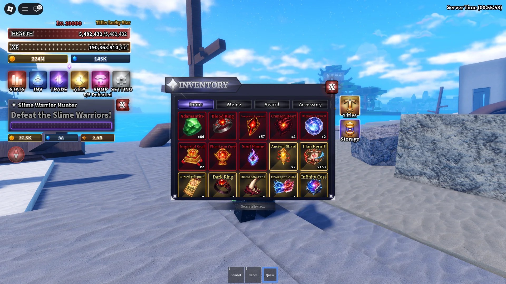 A player showing their inventory in Sailor Piece Roblox experience with Conqueror Fragment, Crimson Heart, Soul Flame, Phantasm Core, Imperial Seal, Adamantite, Blood Ring, Hogyoku Fragment, Ancient Shard, Clan Reroll, Cursed Talisman, Dark Ring, Dismantle Fang, Divergent Pulse, and Infinity Core items in it.
