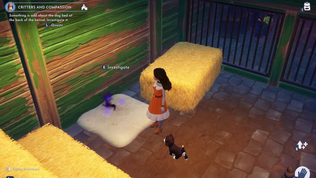 Player standing by strange dog bed in disney dreamlight valley