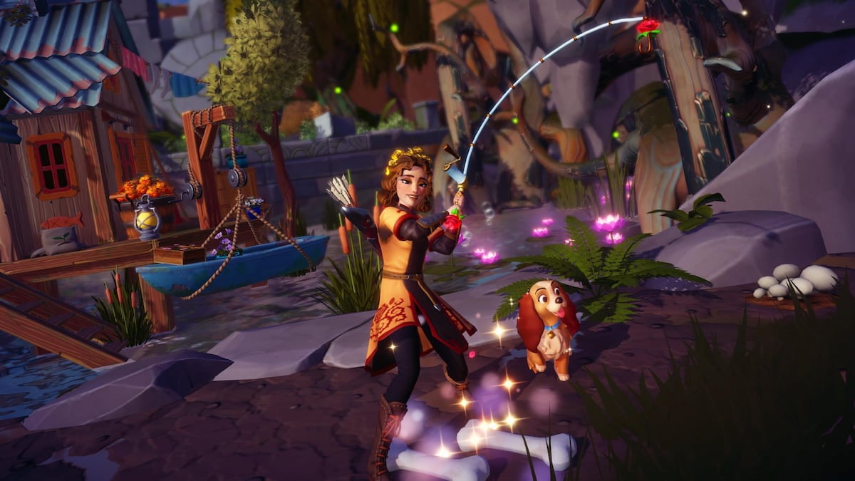 Player holding fishing rod and fishing next to tramp bones in disney dreamlight valley