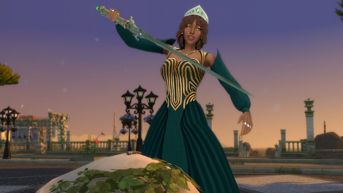 A sim in a dark green dress pulling sword out of stone in the sims 4