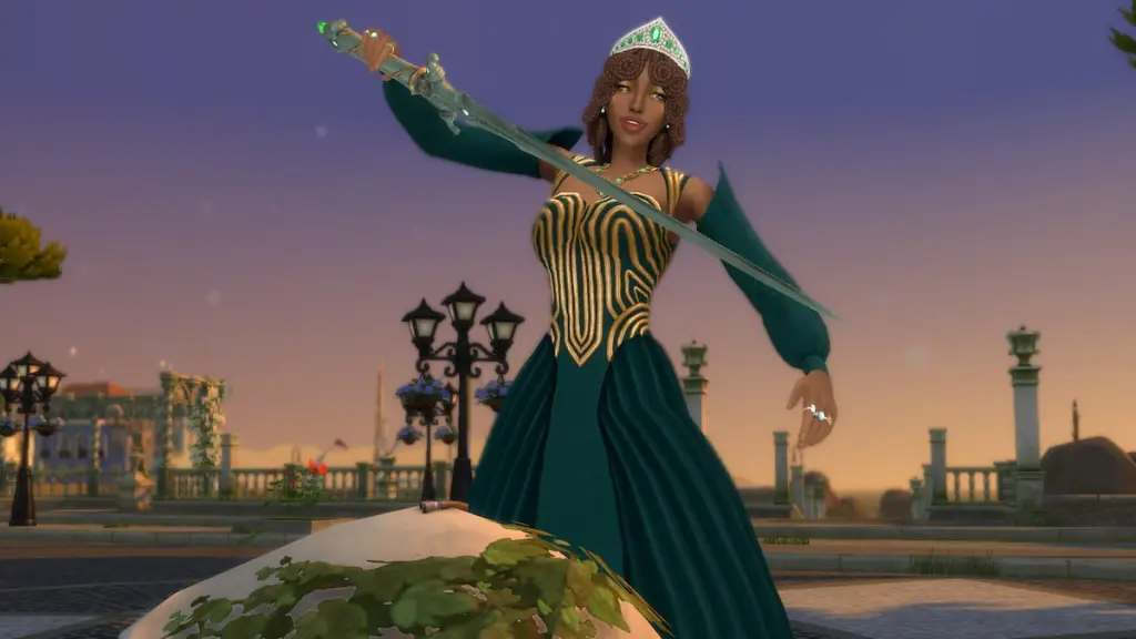 A sim in a dark green dress pulling sword out of stone in the sims 4