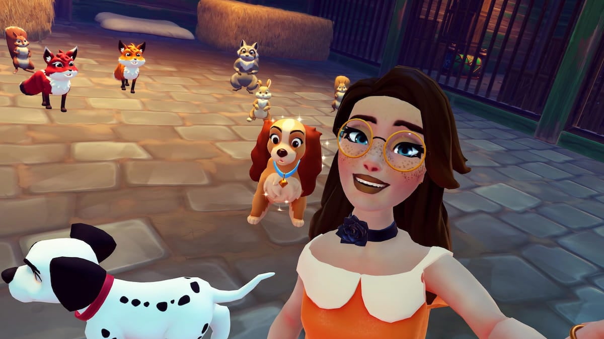 Player taking picture with lady and caged animals in disney dreamlight valley
