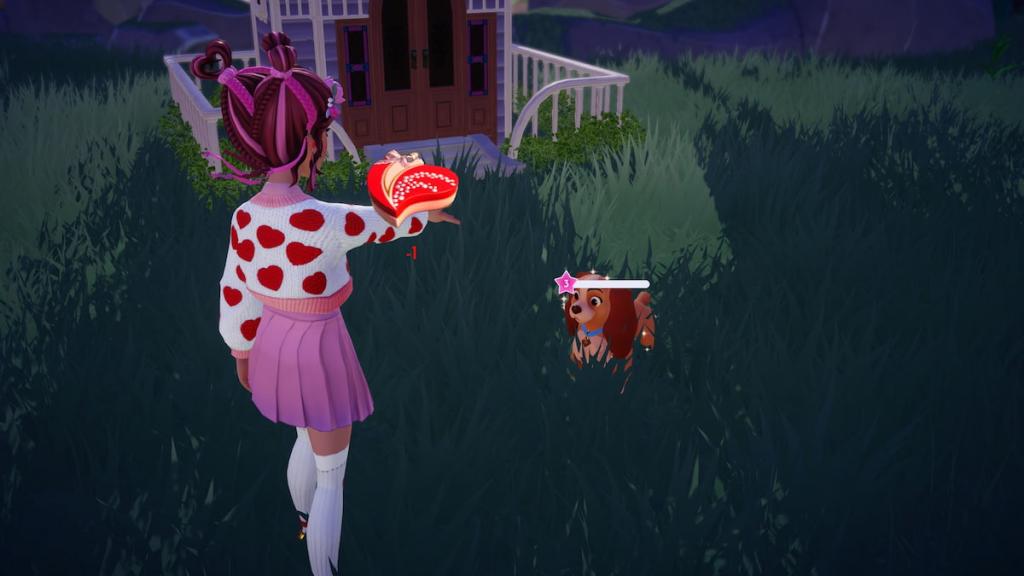 Giving lady heart-shaped chocolates in disney dreamlight valley