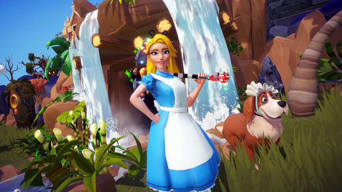 Player holding a pickaxe over shoulder and standing by mine in disney dreamlight valley
