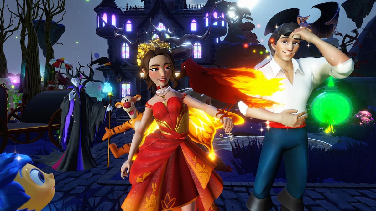 Player holding fiery raven on arm in disney dreamlight valley