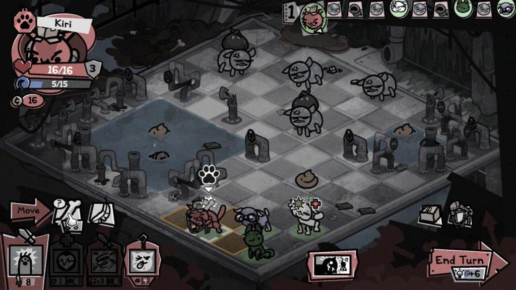 A combat in Mewgenics showing the player's cat against enemies.