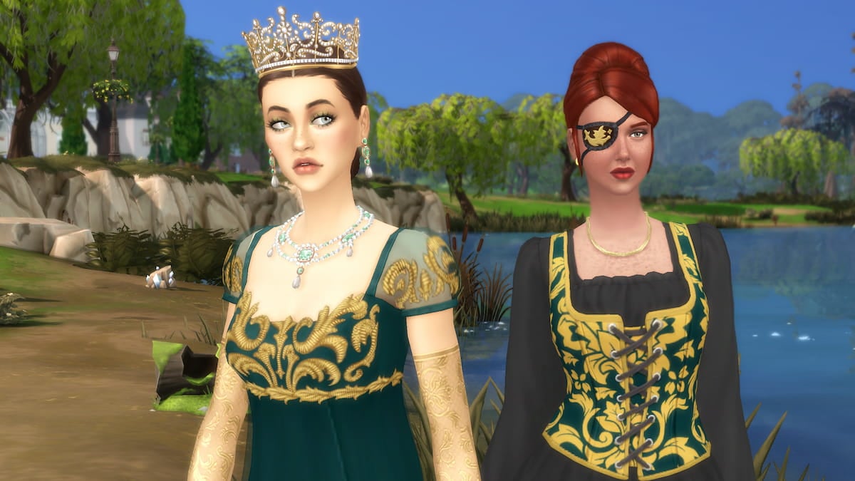 A Sim in a green dress and a gold crown looking over shoulder at royal envoy in the sims 4