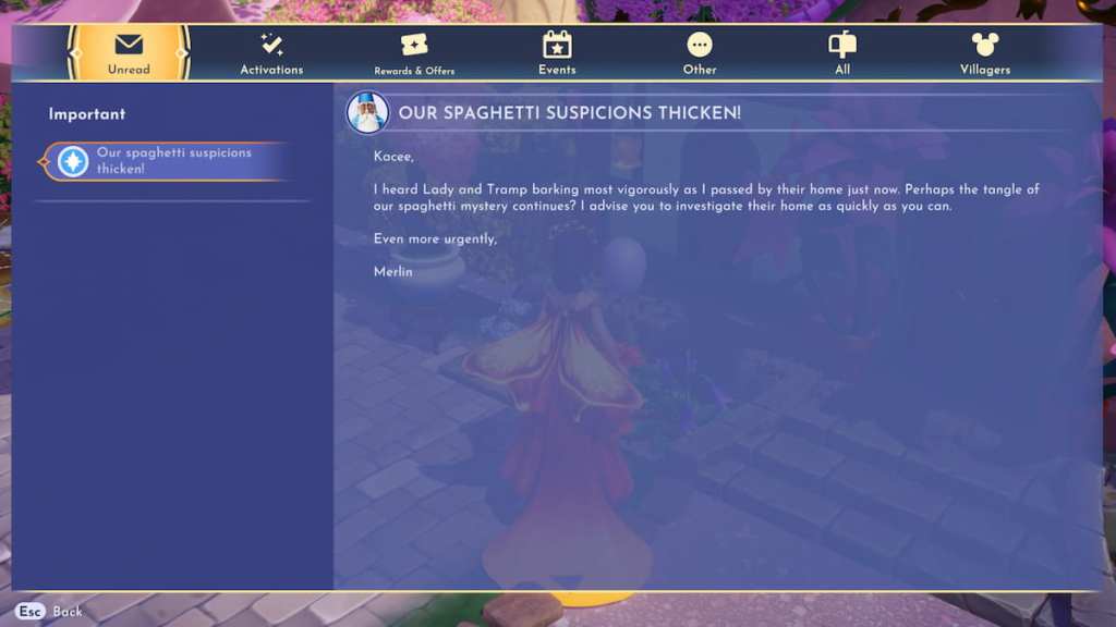 Letter from merlin about noises in lady and tramp's house in disney dreamlight valley