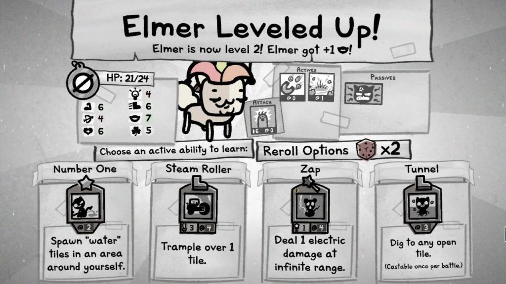 The level up screen in Mewgenics.