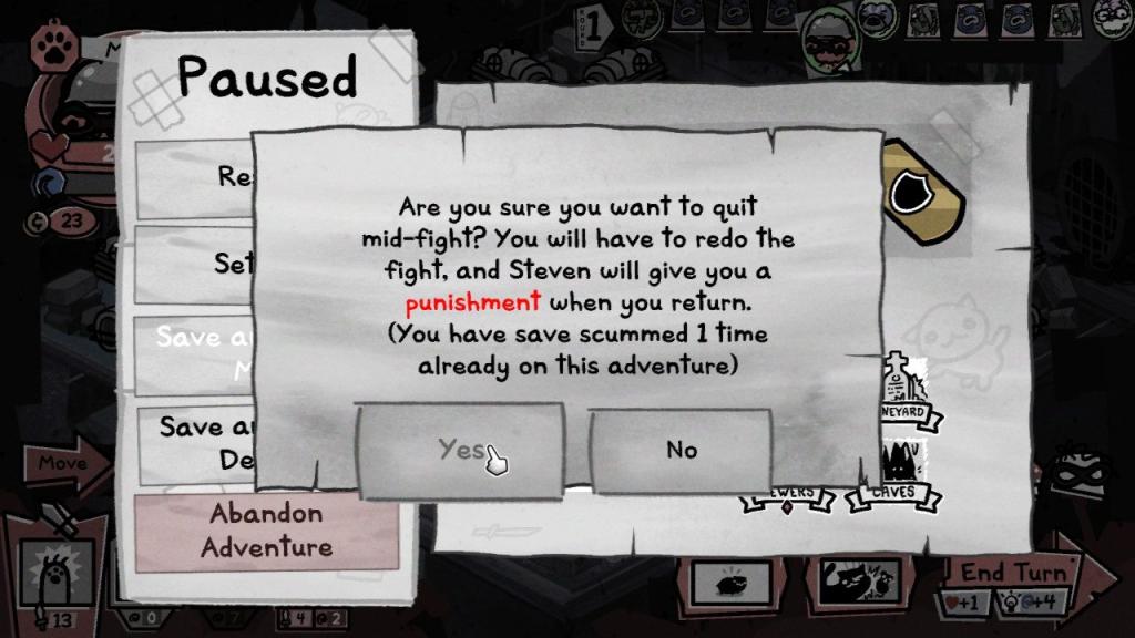 Save scumming in Mewgenics showing a warning.