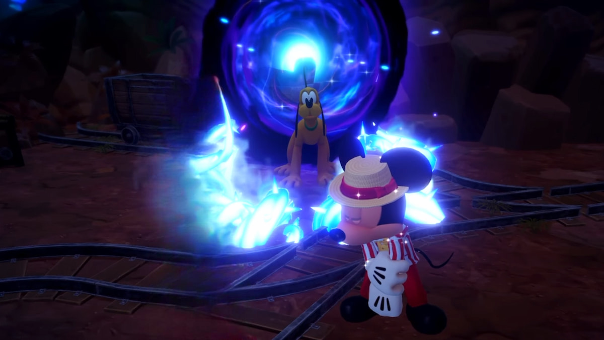 Mickey and Pluto in front of a blue portal in disney dreamlight valley
