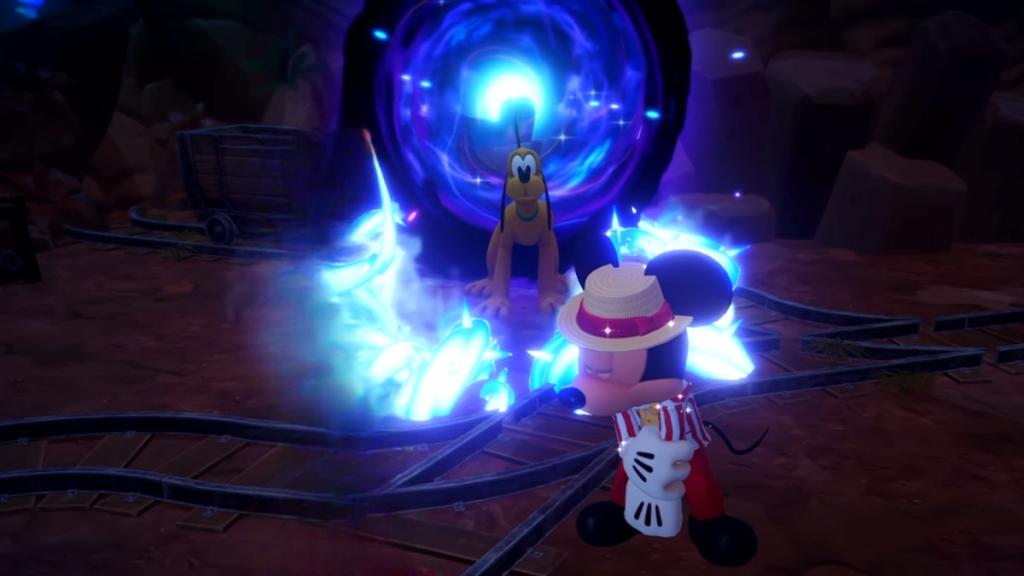 Mickey and Pluto in front of a blue portal in disney dreamlight valley