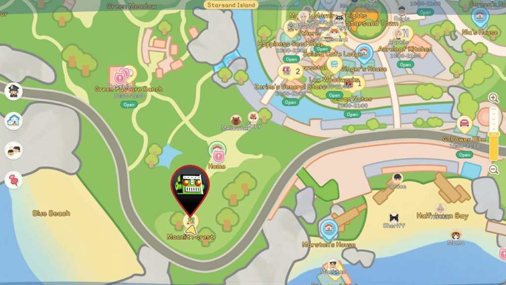 Moonlit forest location marked on map in starsand island