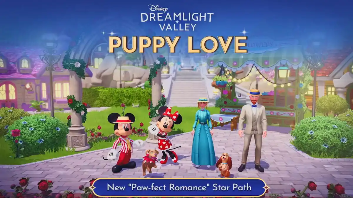 Mickey, Minnie, and two player characters wearing paw-fect romance star path items in disney dreamlight valley