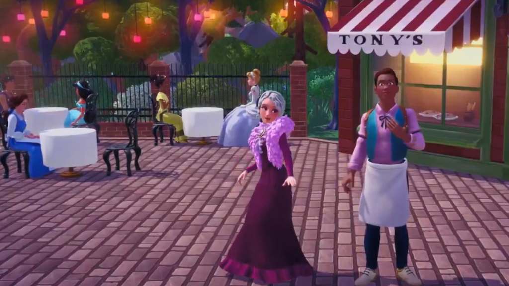 Two characters wearing star path outfits in front of star path restaurant in disney dreamlight valley