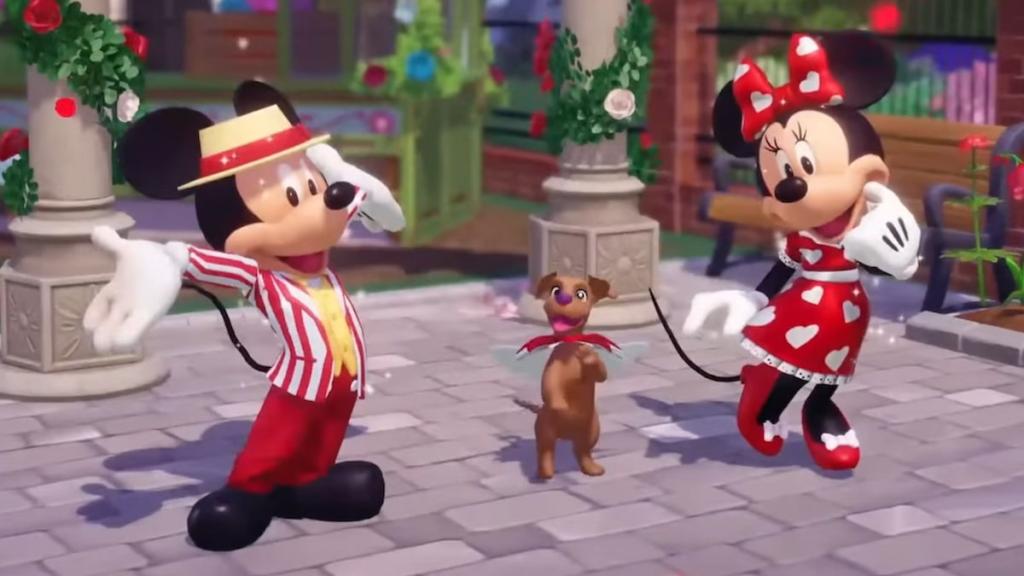 Mickey and Minnie standing with a valentines puppy in disney dreamlight valley