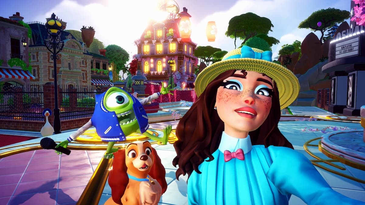 Taking a picture with lady and mike in front of chez remy in disney dreamlight valley