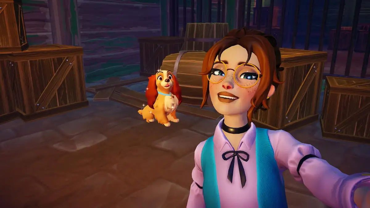 Taking a picture with lady in the dog pound in disney dreamlight valley