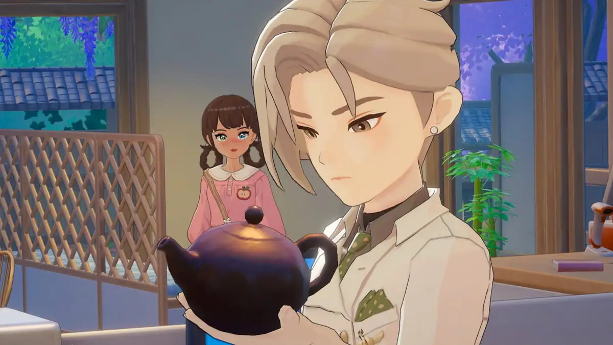 Player with hair in brown braids and a pink shirt looking at Aurelis holding a tea pot in starsand island