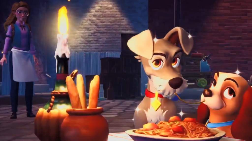 Player watching lady and the tramp share spaghetti in disney dreamlight valley