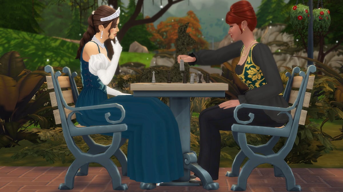 Two sims playing chess in a park in the sims 4