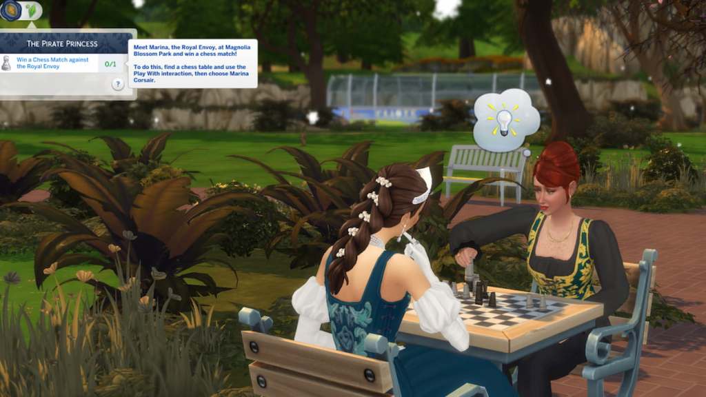 Two sims playing chess in a park in the sims 4