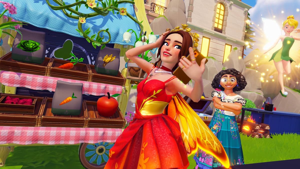 Player holding phone and posing by goofy's stall in disney dreamlight valley