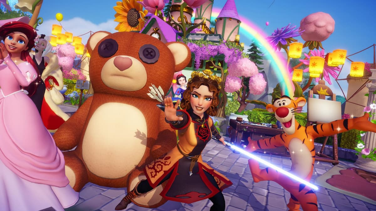 Player holding lightsaber and posing next to new comfort bear in disney dreamlight valley