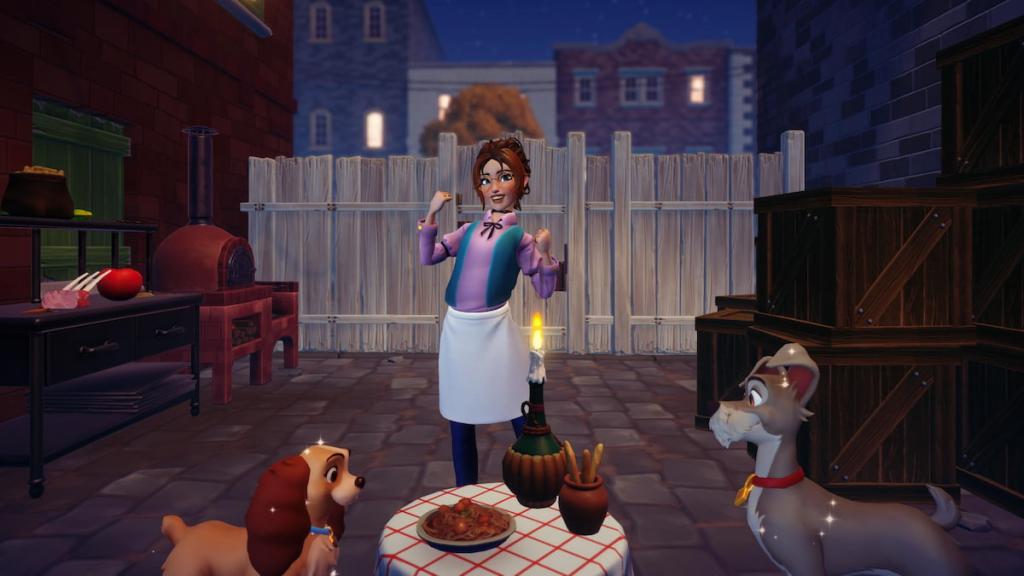 Posing with lady and tramp by spaghetti on table in disney dreamlight valley