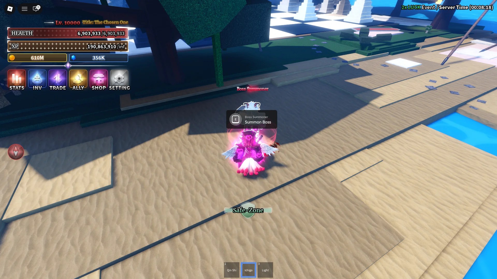 A player showing the location of the Boss Summoner NPC on the Boss Island in Sailor Piece Roblox experience.