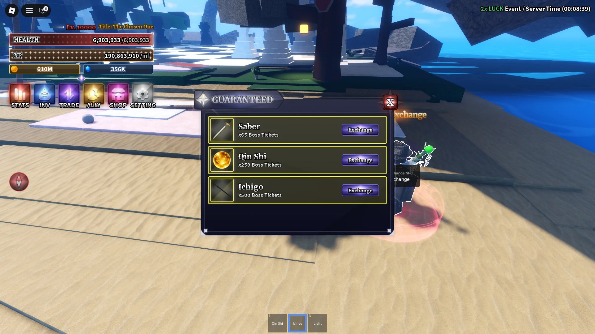 Preview of the Boss Ticket exchange shop in Sailor Piece Roblox experience.