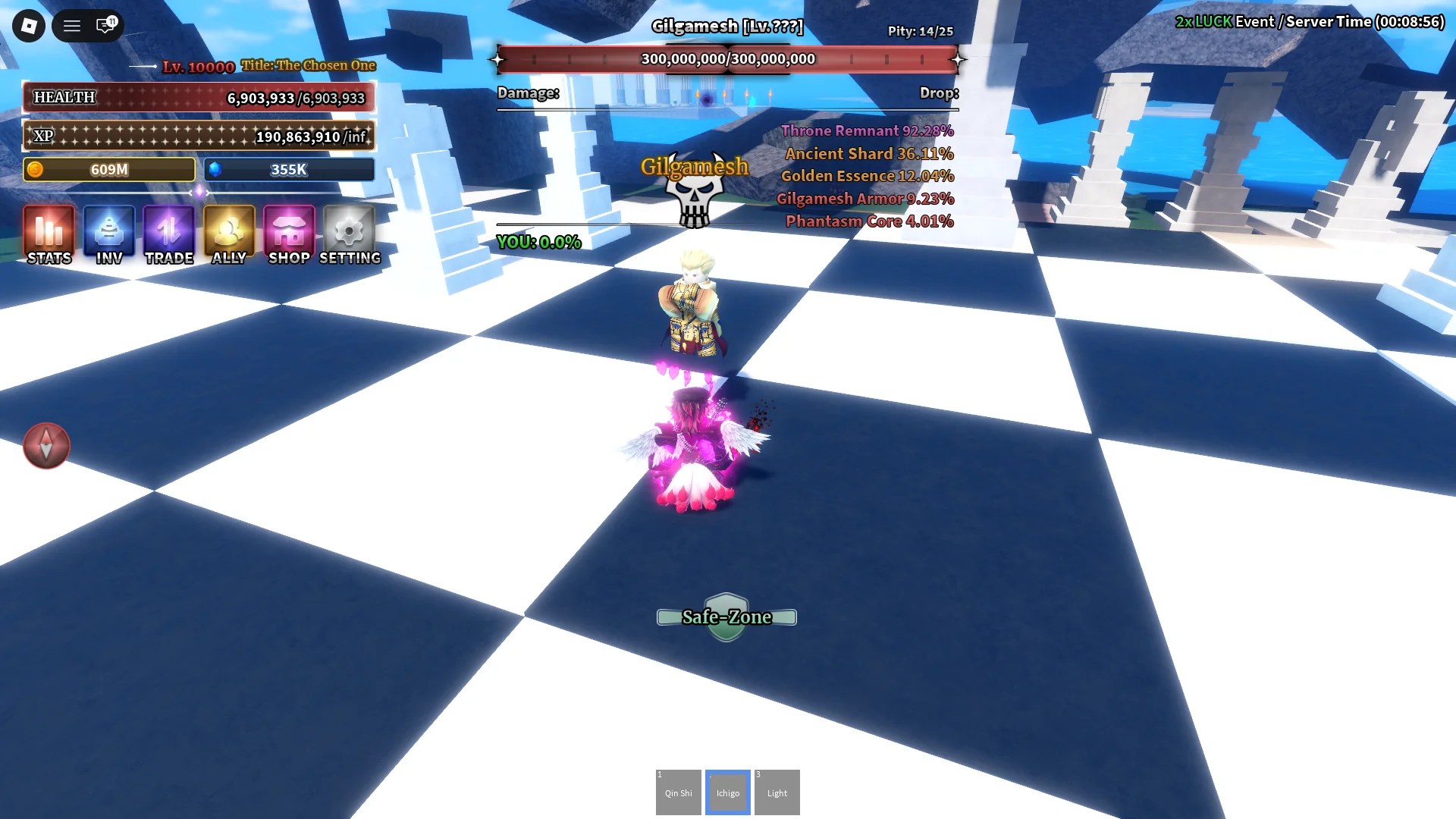A player fighting the Gilgamesh boss on Boss Island in Sailor Piece Roblox experience.