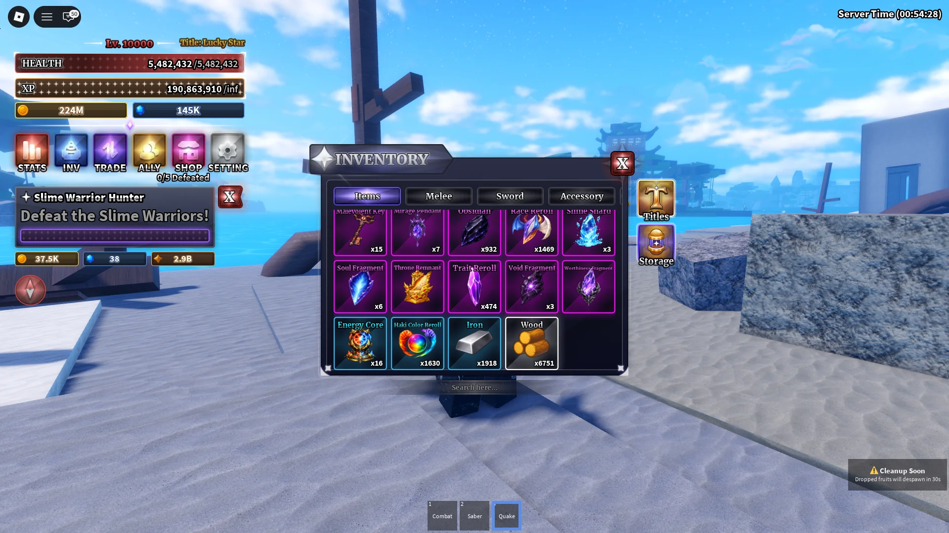 A player showing their inventory in Sailor Piece Roblox experience with Haki Color Reroll, Iron, Wood, Energy Core, Worthiness Fragment, Void Fragment, Trait Reroll, Throne Remnant, Soul Fragment, Slime Shard, Race Reroll, Obsidian, Mirage Pendant, and Malevolent Key items in it.
