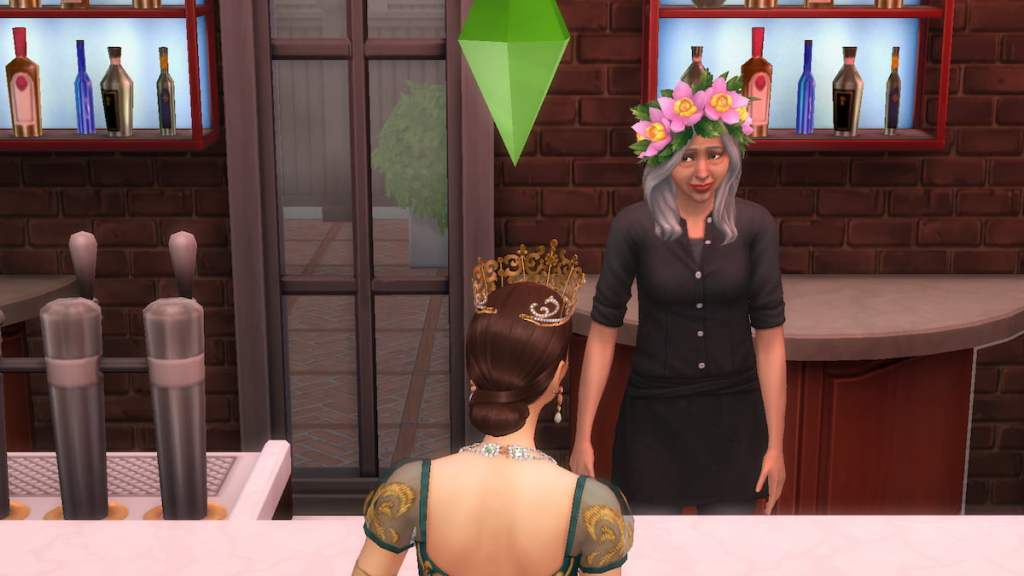 Sim with a green dress and gold crown sitting at bar in blue velvet nightclub in the sims 4