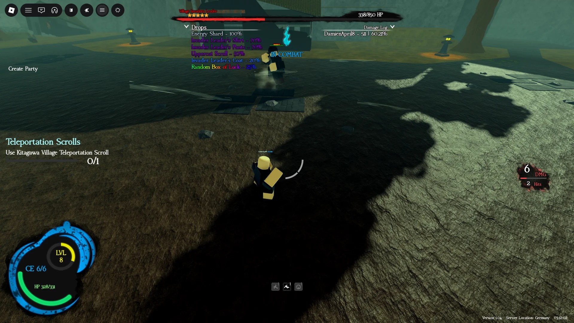 A player fighting a five star version of the Village Invaders Leader boss in Sorcerer Ascent Roblox experience.