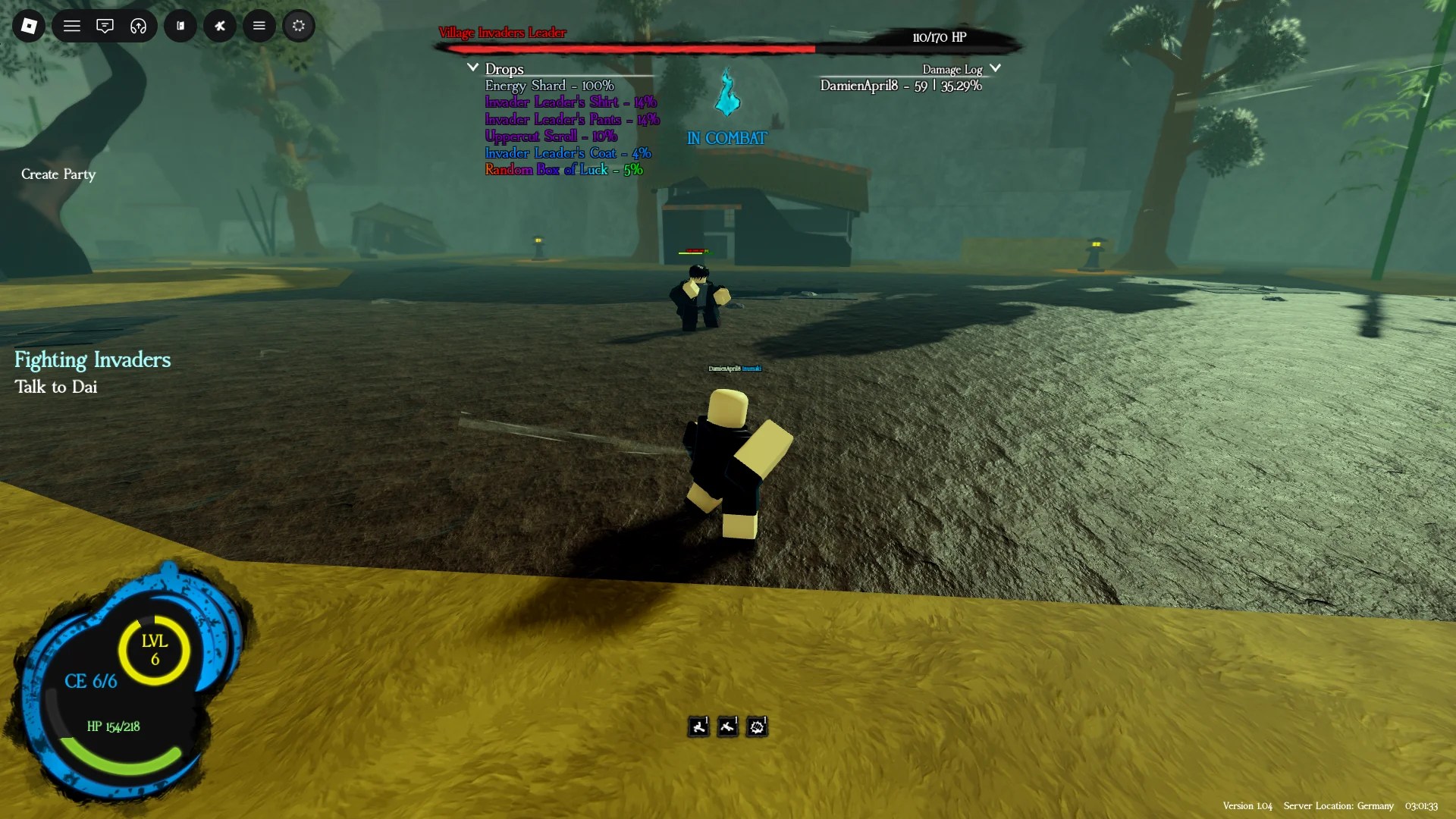 A player fighting a one star version of the Village Invaders Leader boss in Sorcerer Ascent Roblox experience.