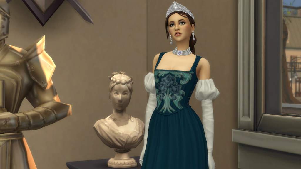 Sim standing next to cordelia's statue in the sims 4