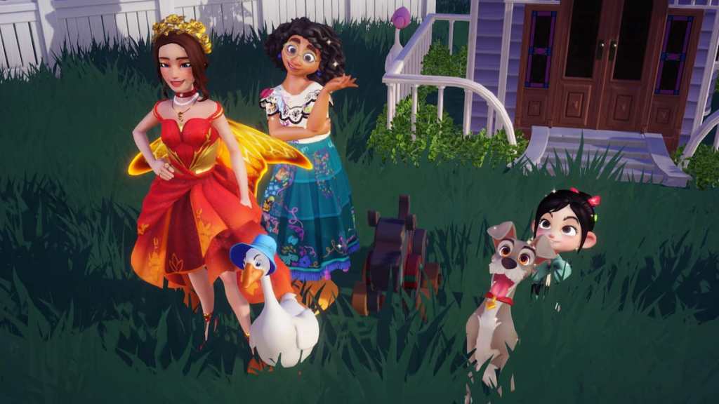 Player standing with tramp, mirabel, and vanellope by a dog toy in disney dreamlight valley