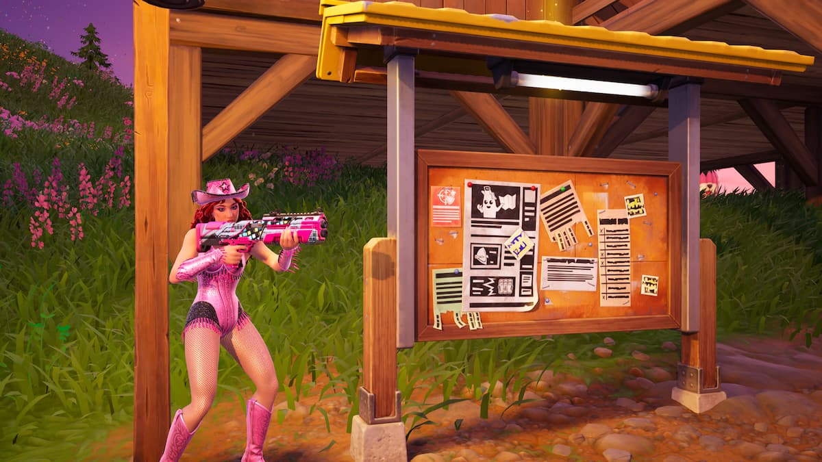 Chappell roan holding gun and standing by job board in fortnite