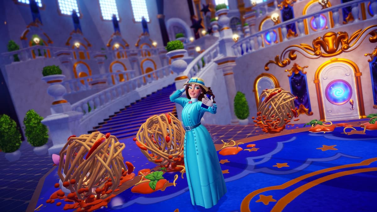 Player standing and taking a picture with their phone by some spaghetti balls in disney dreamight valley